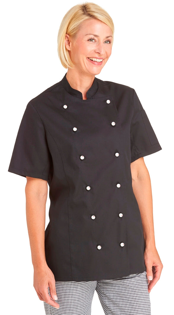 Leiber Damen-Kurzarm-Kochjacke 08/2519 Schwarz Knopfleiste tailienbetont